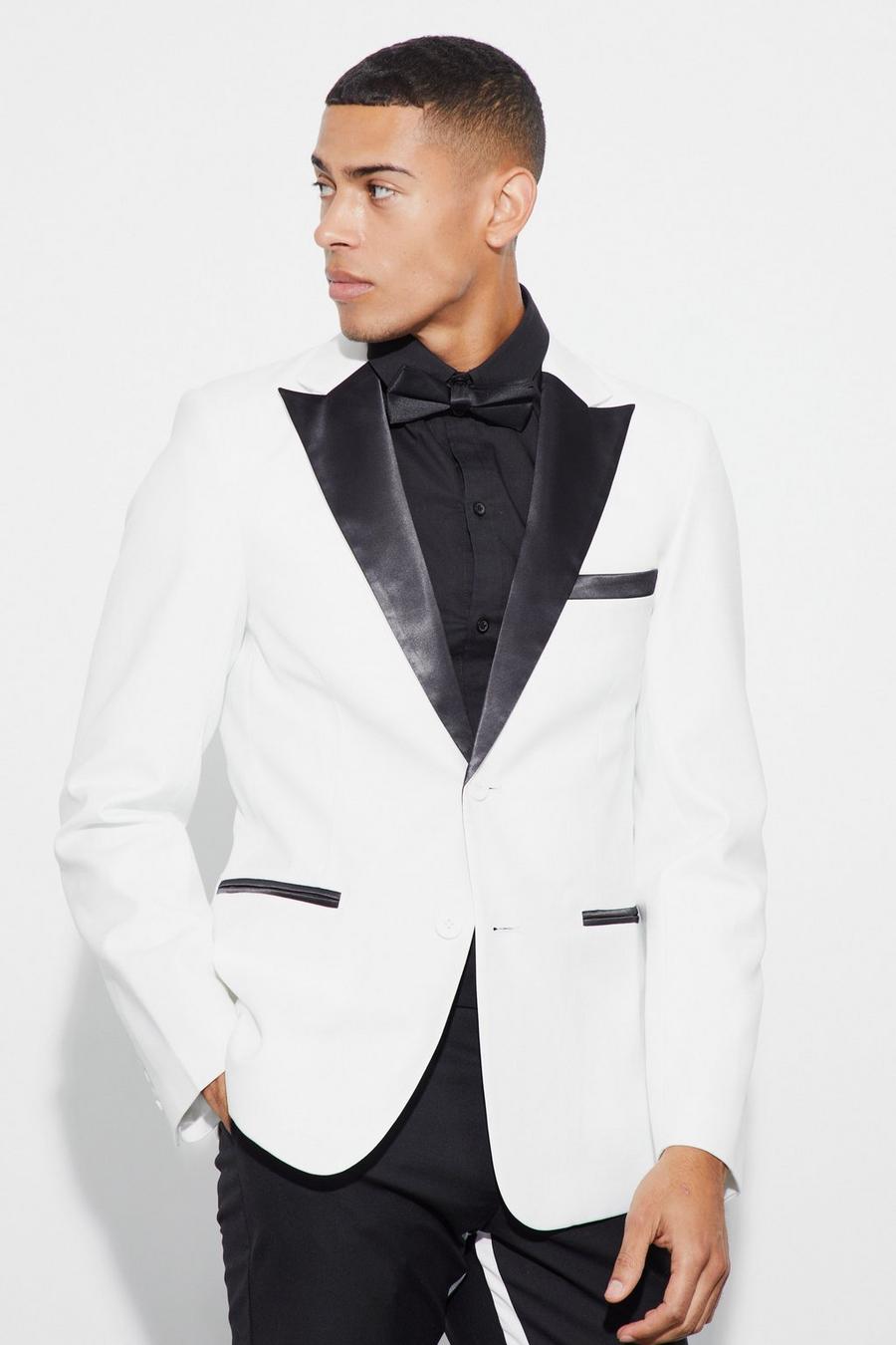 White Satin Lapel Slim Fit Tuxedo Jacket image number 1
