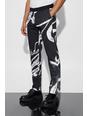Black Abstract Printed Split Hem Straight Fit Suit Trousers