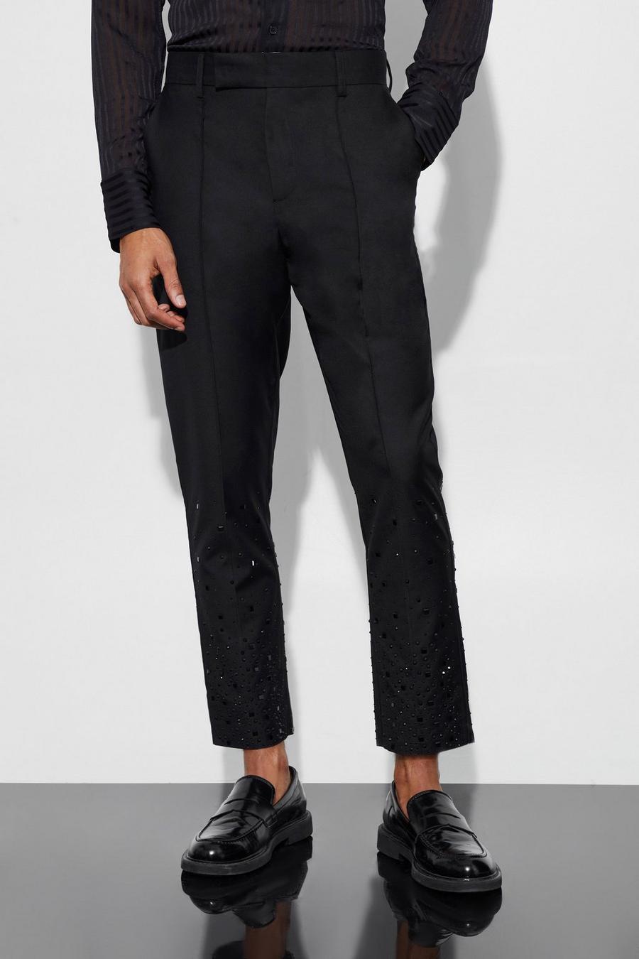 Black Rhinestone Detail Tapered Suit Trousers