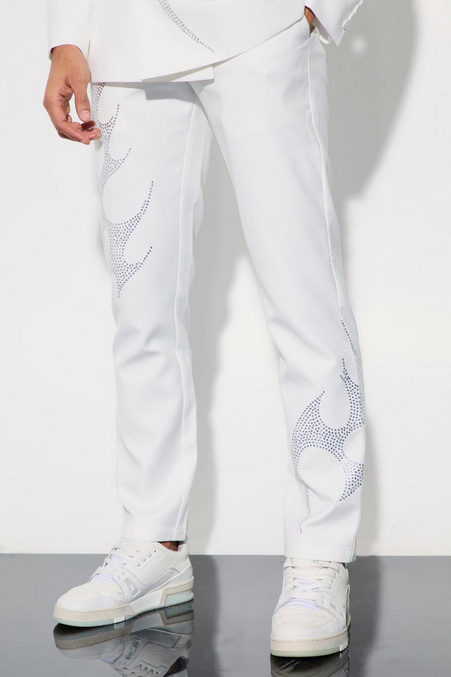 White Versierde Slim Fit Pantalons Met Steentjes image number 1