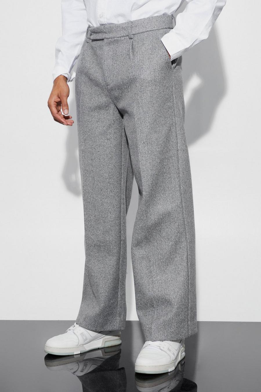 Grey Wool Look Wide Fit Tailored Trousers image number 1