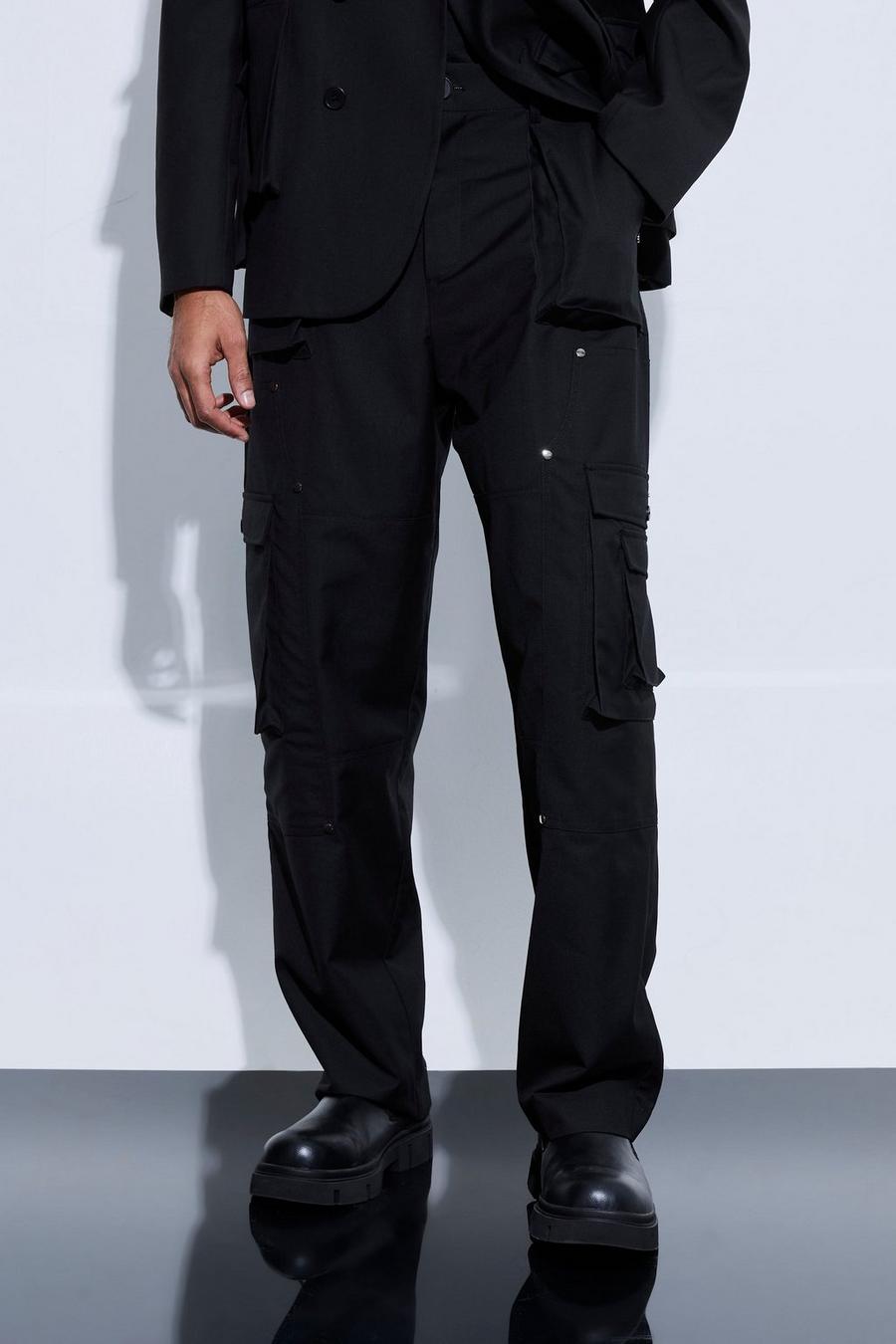 Black Multi Cargo Pocket Relaxed Fit Pants image number 1