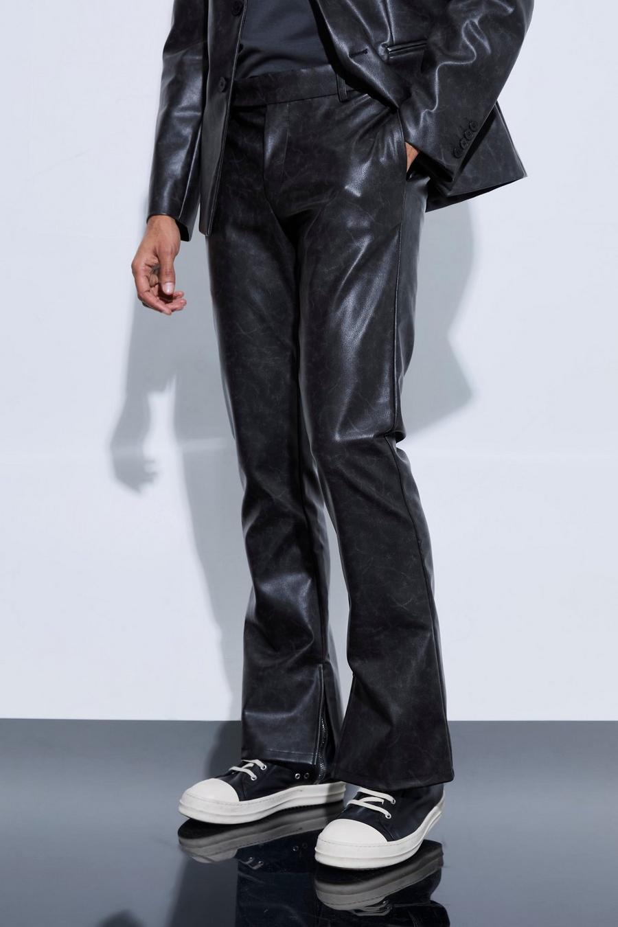 Black Split Hem Pu Tailored Flared Trousers
