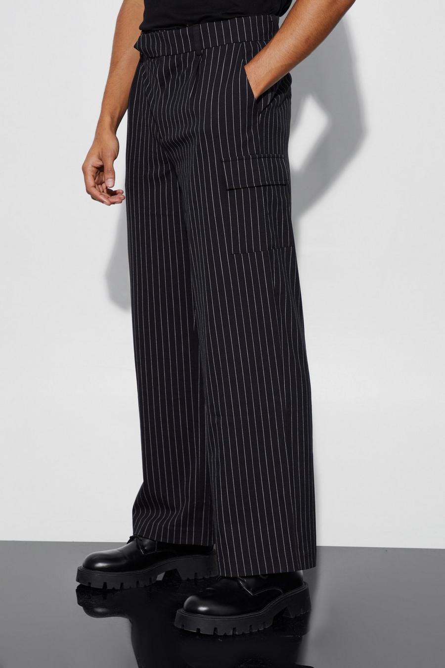 Black Pinstripe Cargo Tailored Wide Leg Trousers image number 1