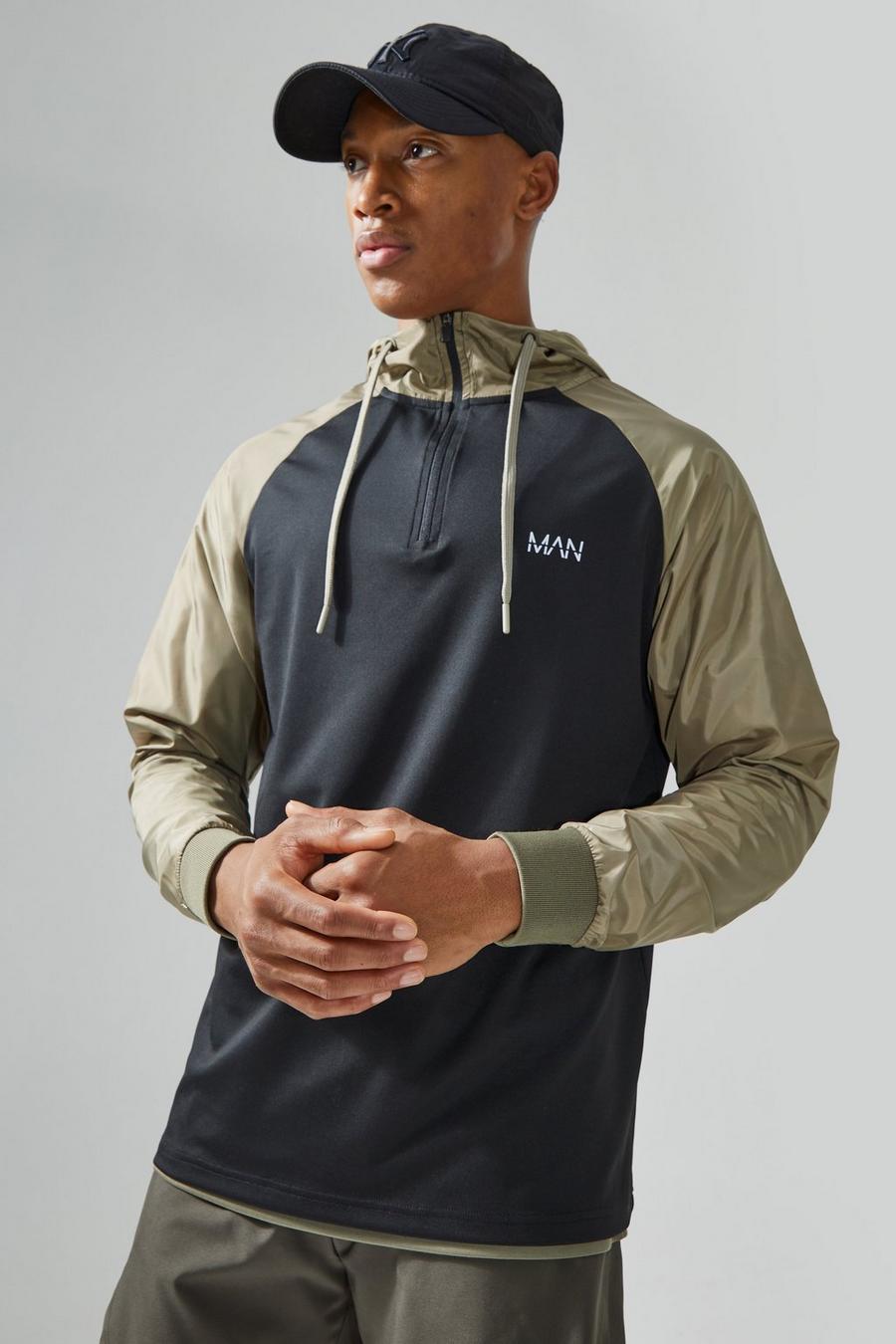 Khaki Man Active Gym Hoodie With Matte Sleeves image number 1