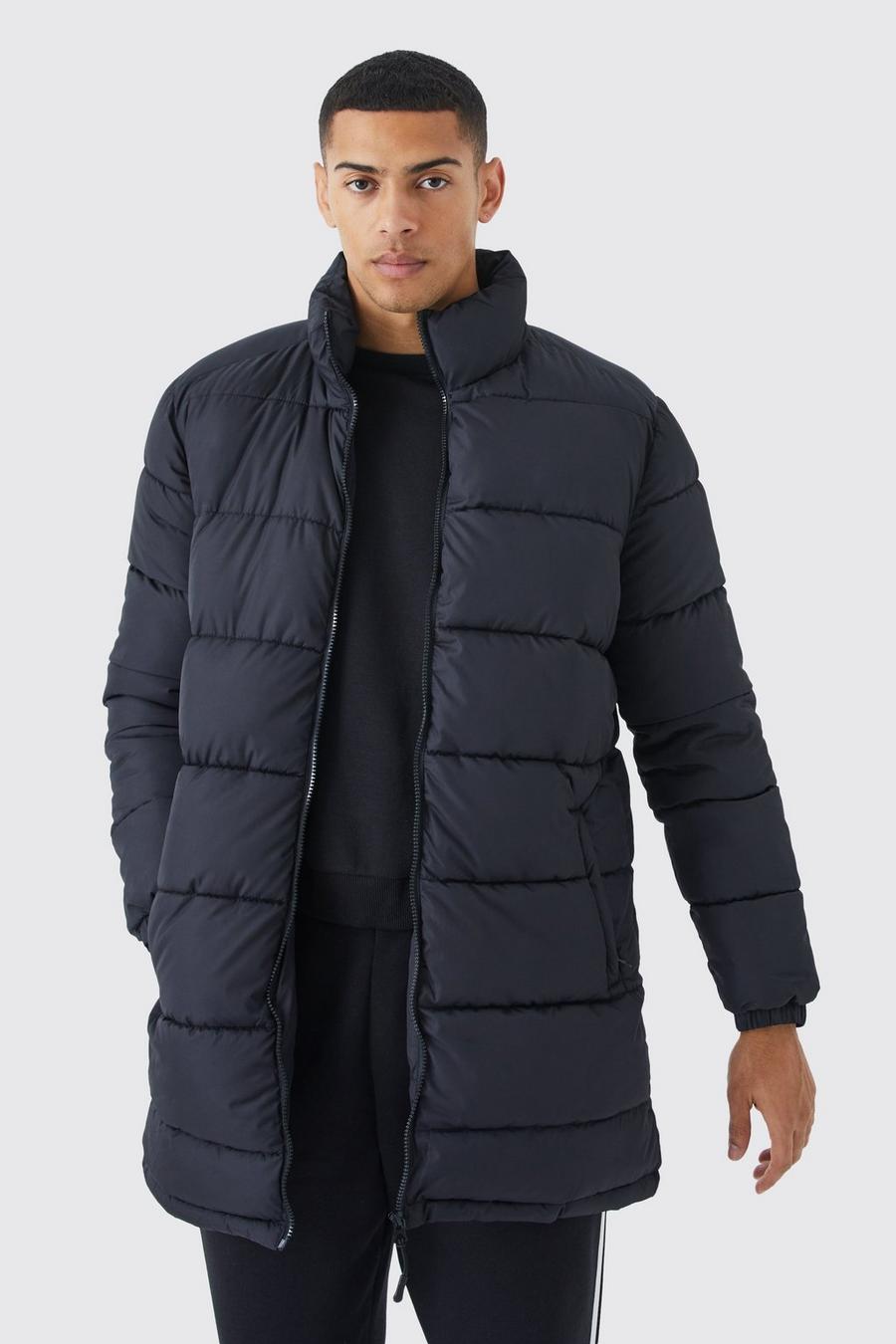 Black Funnel Neck Quilted Longline Puffer image number 1