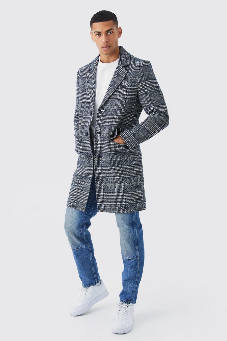 Grey Wool Mix Check Overcoat 