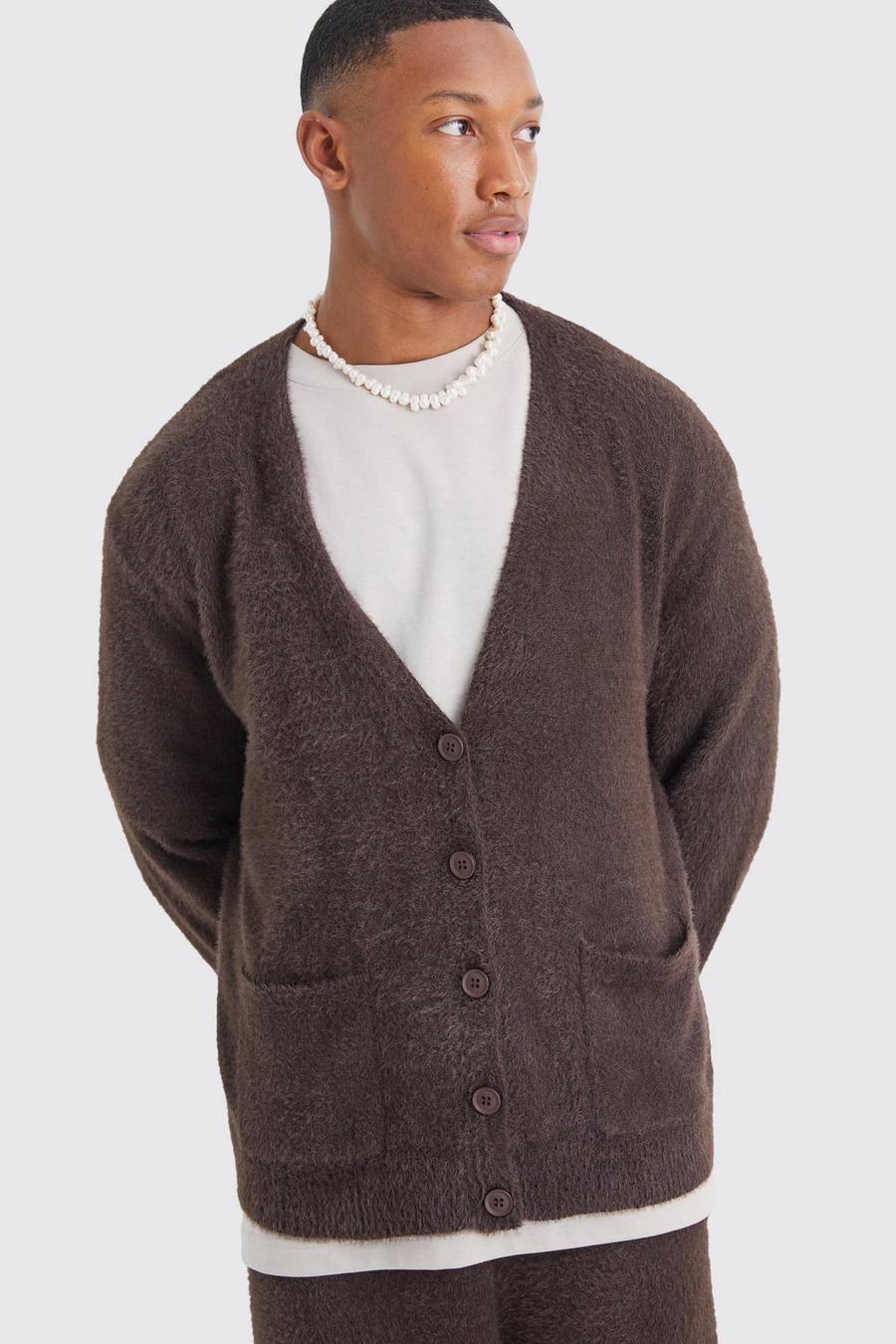 Chocolate Boxy Fluffy Knitted Cardigan image number 1