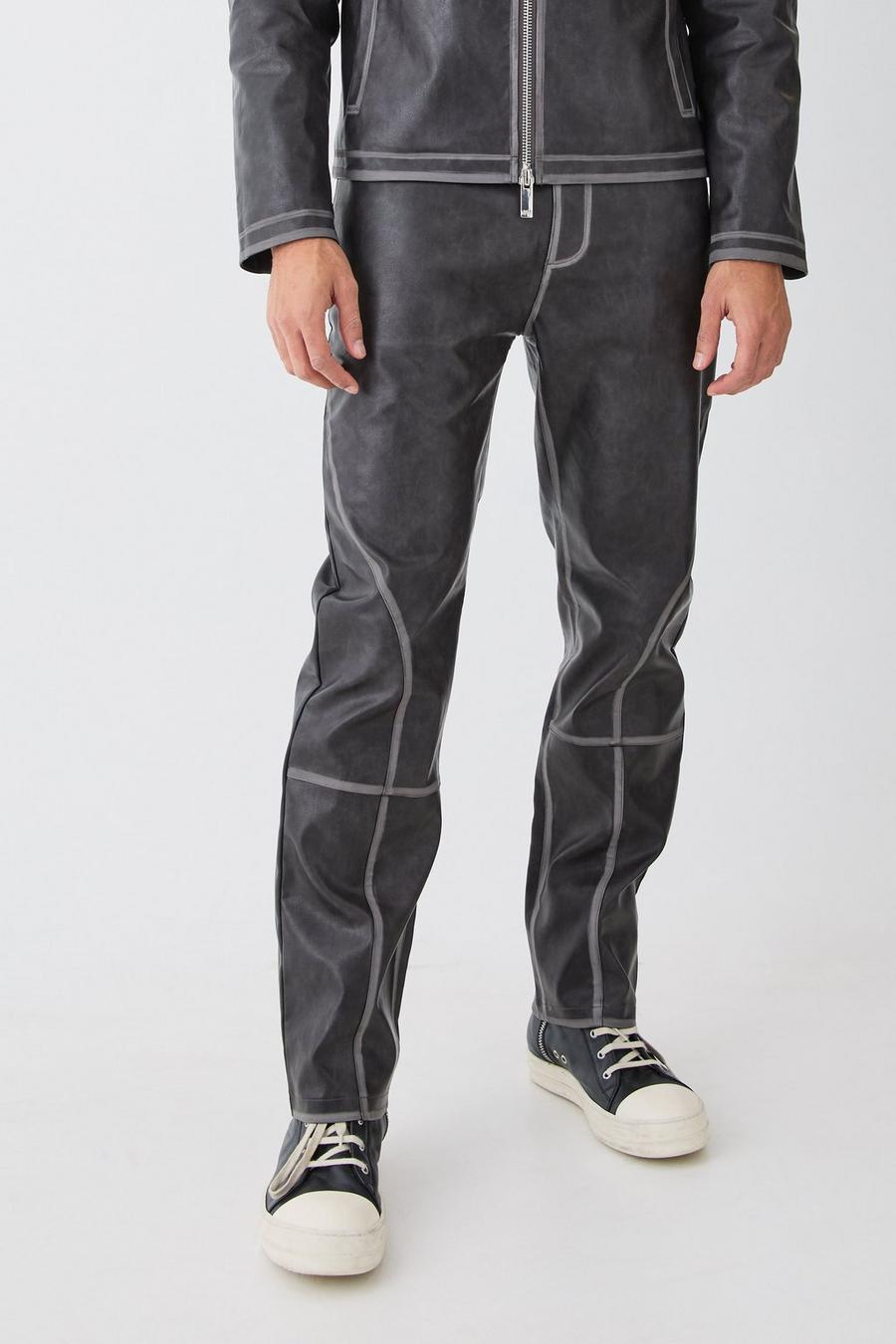 Pantalón de pernera recta y cuero sintético desteñido con cintura fija, Charcoal