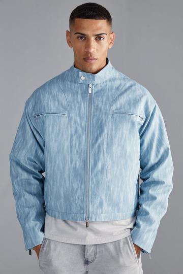 Blue Boxy Funnel Neck Biker Jacket