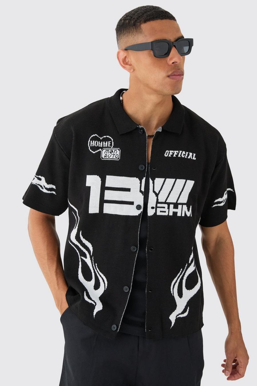 Camisa recta de punto con estampado de motociclismo, Black image number 1