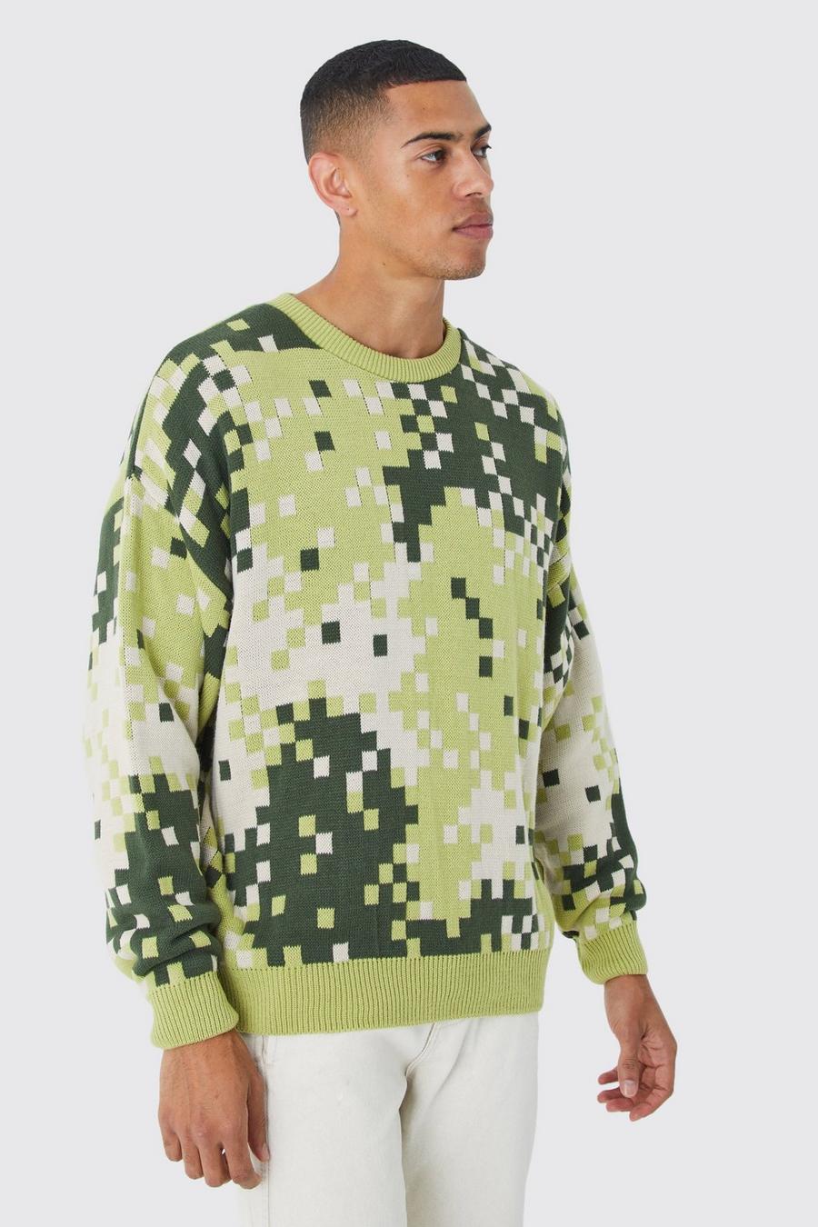 Green Oversize stickad tröja med kamouflagemönster image number 1