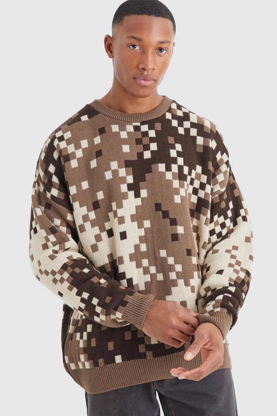 Maglione oversize in maglia in fantasia militare pixelata, Chocolate image number 1