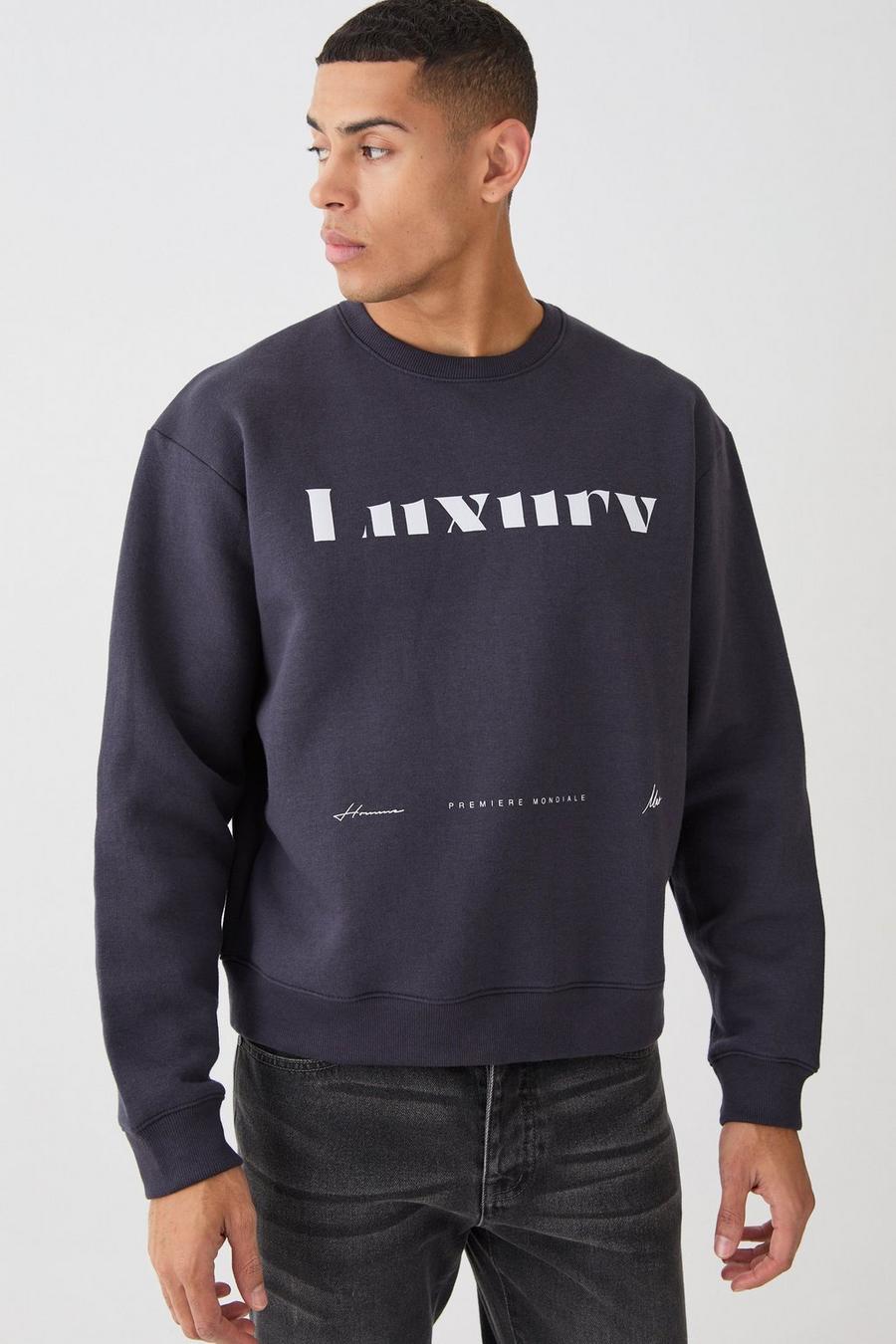 Black Oversized Boxy Luxury Print Sweatshirt