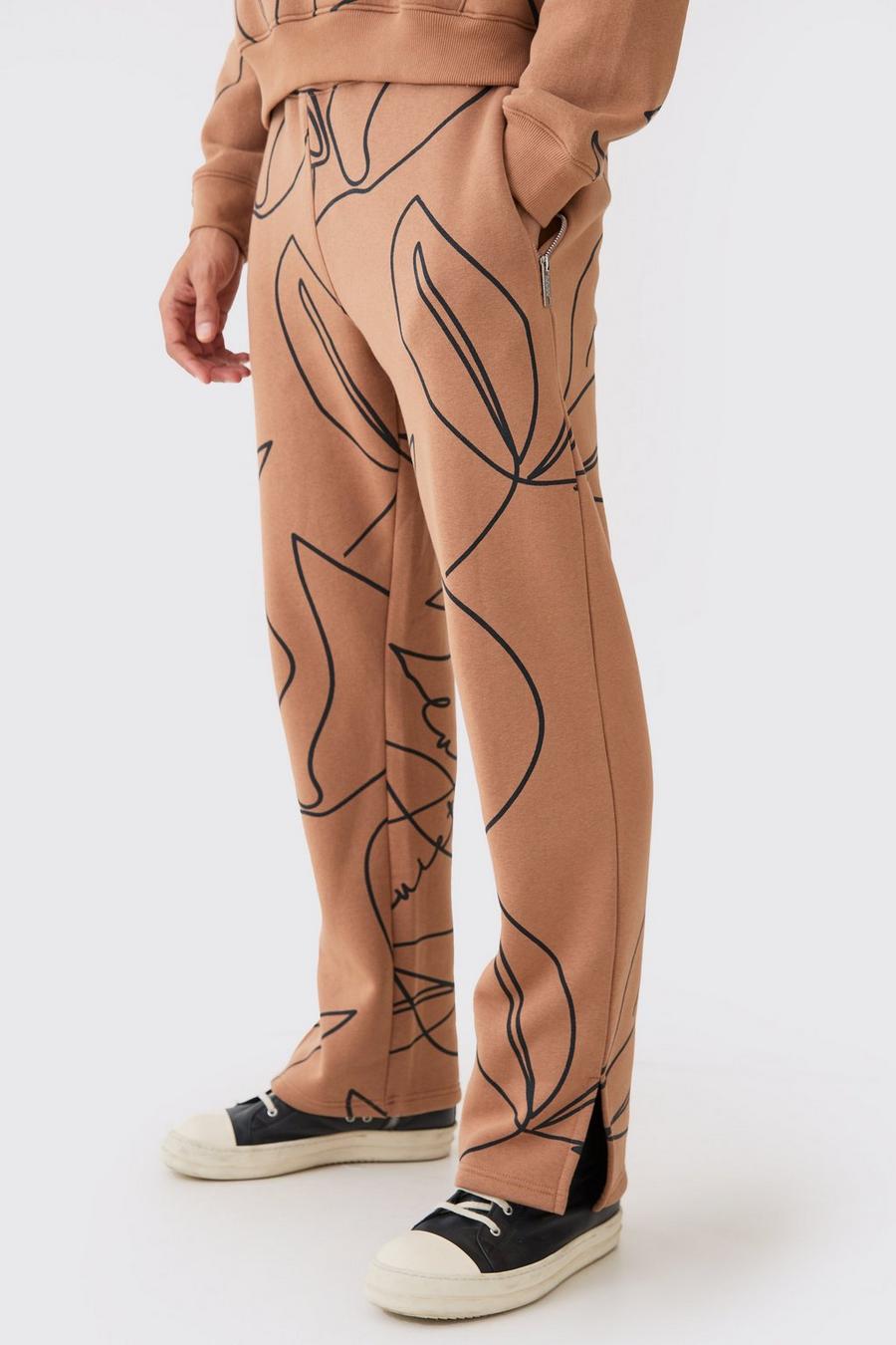 Pantalón deportivo con abertura en el bajo y estampado de hojas, Sand image number 1