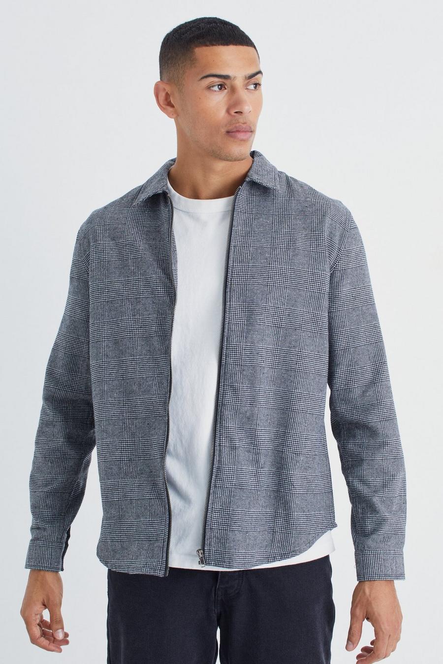 Grey gris Long Sleeve Check Zip Overshirt