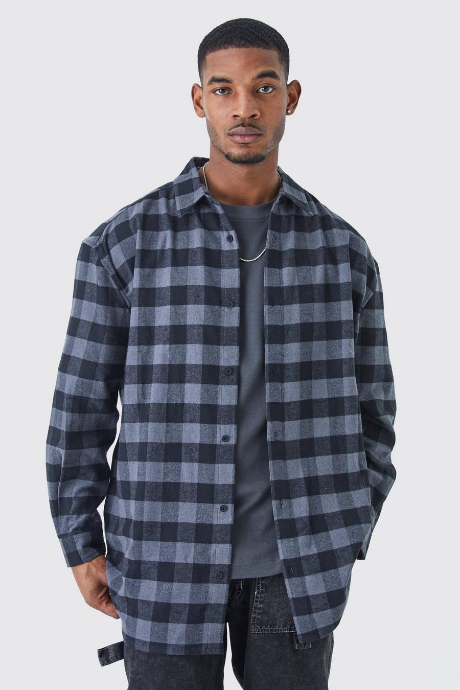 Charcoal Tall Long Sleeve Oversized Check Overshirt image number 1