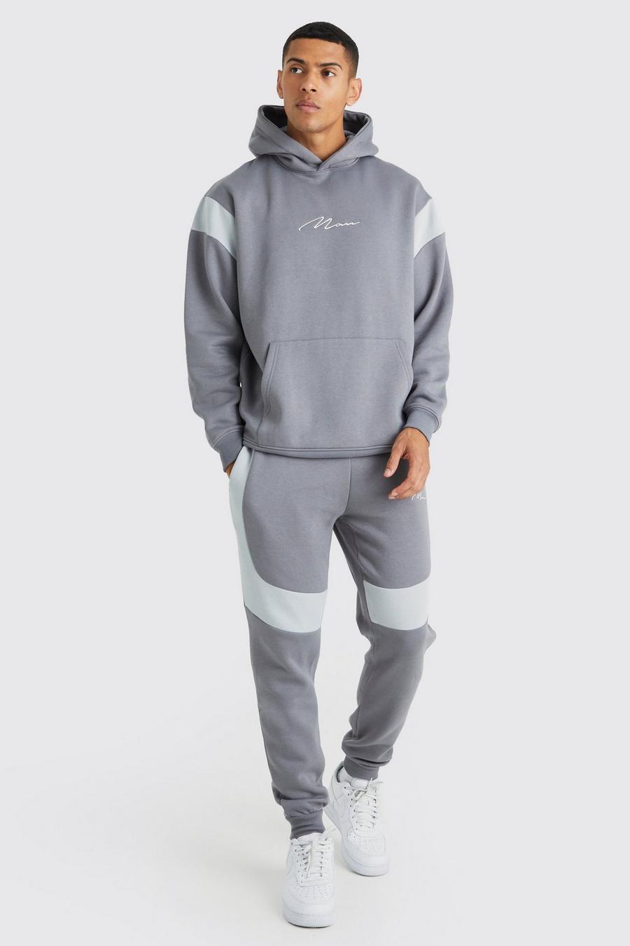 Grey Oversized Man Colour Block Hooded Tracksuit image number 1