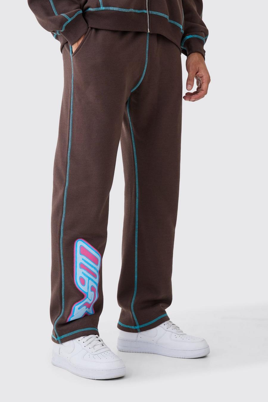 Chocolate Relaxed Contrast Stitch Leg Print Heat Graphic Sweatpants image number 1