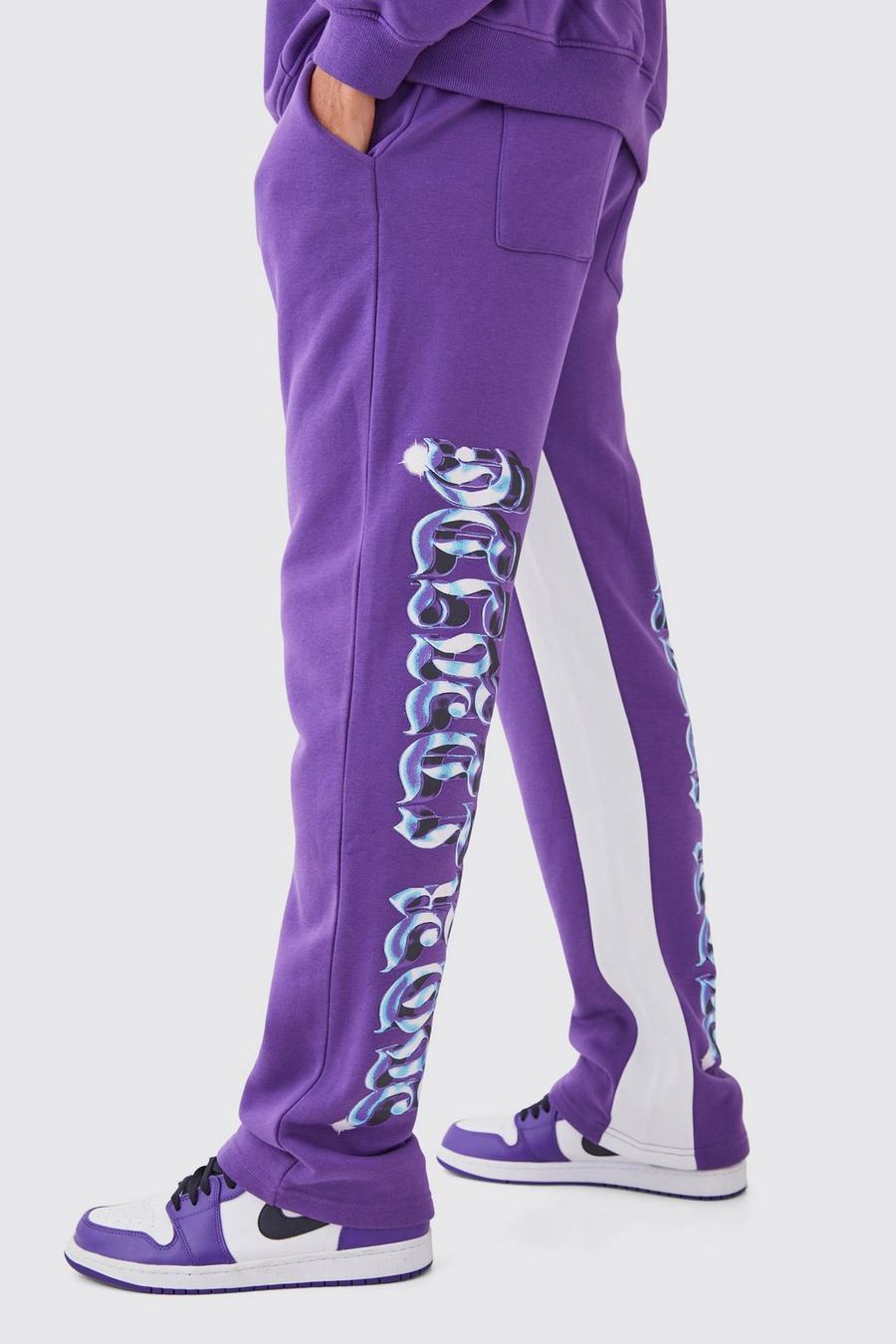 Pantalón deportivo holgado con estampado gráfico cromado y refuerzo en la pernera, Purple image number 1