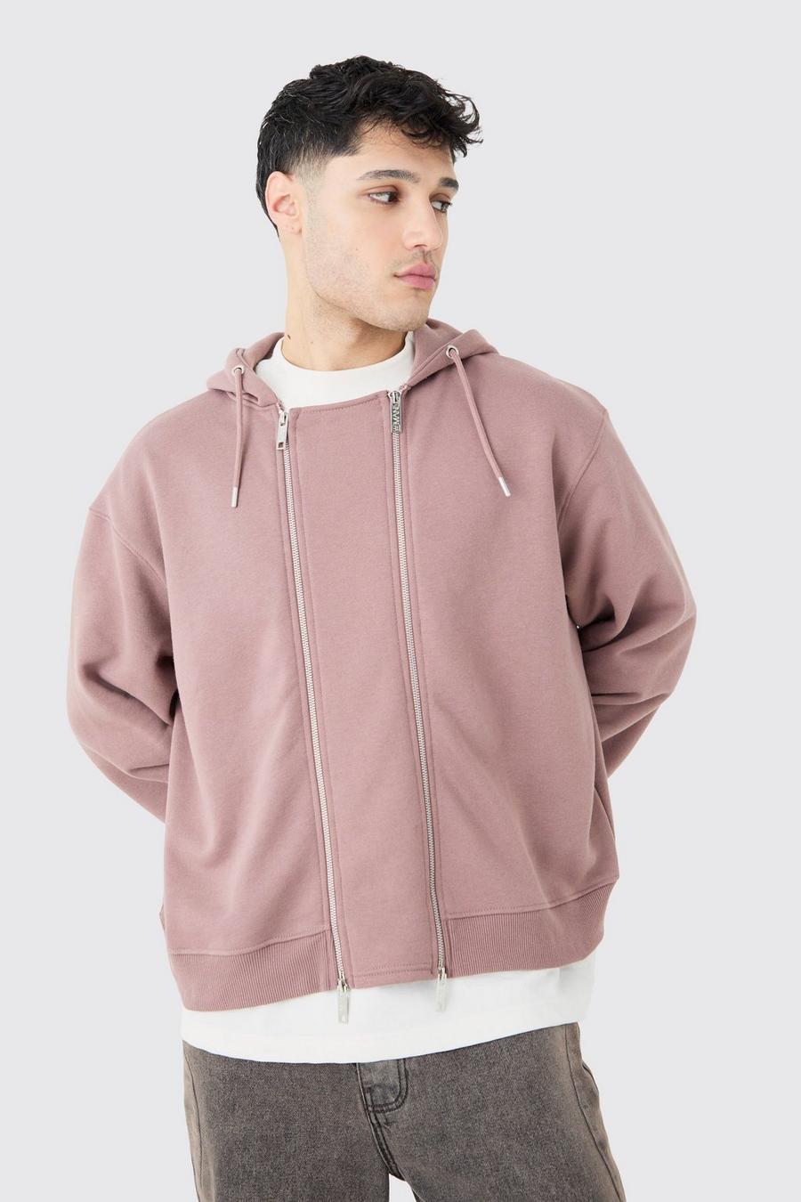 Mauve Oversized Boxy Double Zip Through Hoodie image number 1