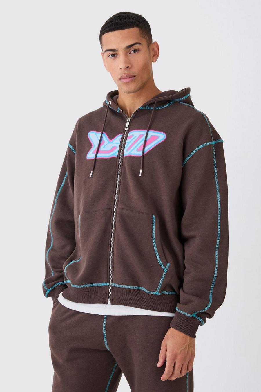 Chocolate Oversized Contrast Stitch Heat Graphic Hoodie