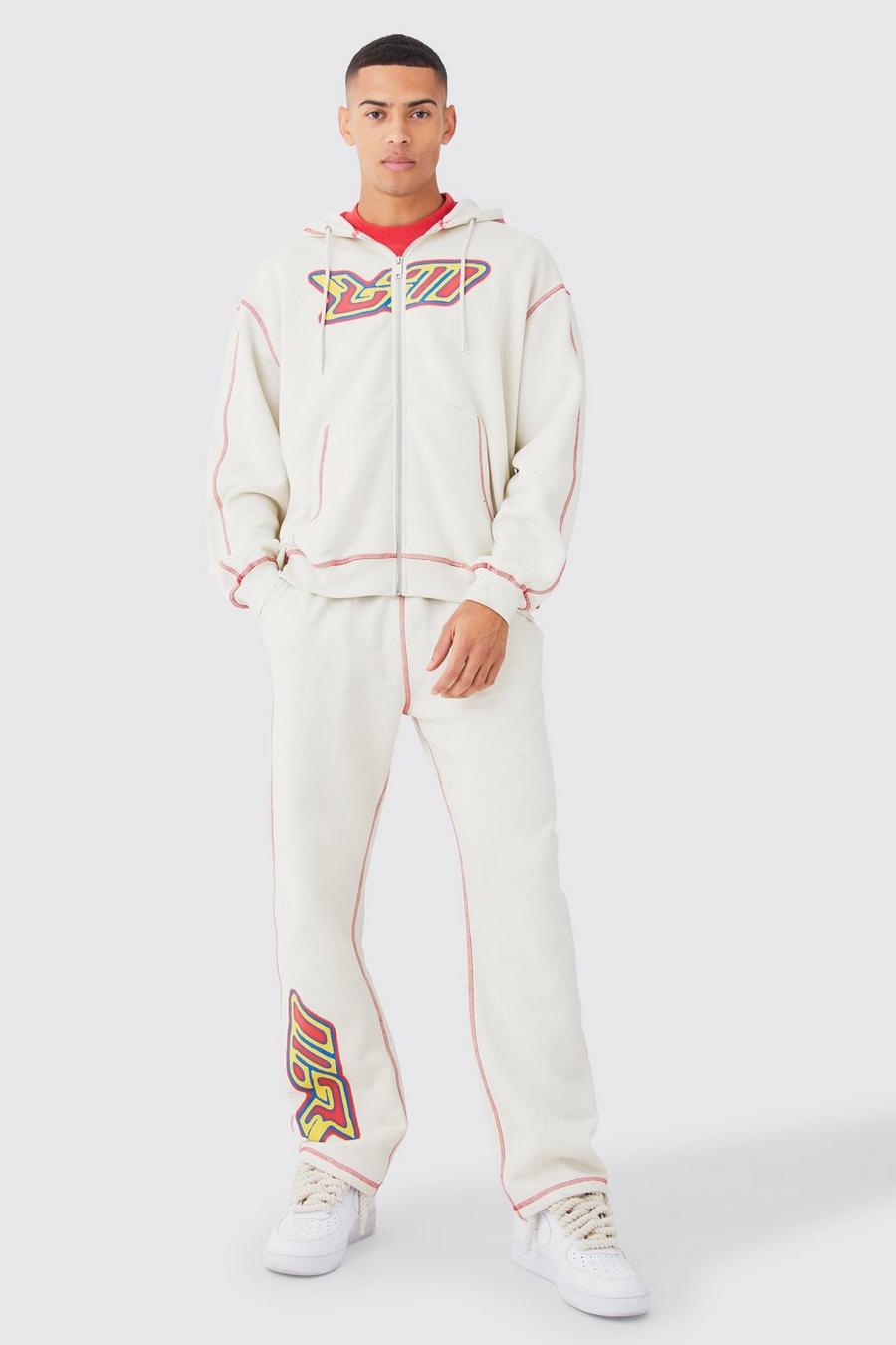 Stone Oversized Contrast Stitch Heat Graphic Tracksuit image number 1