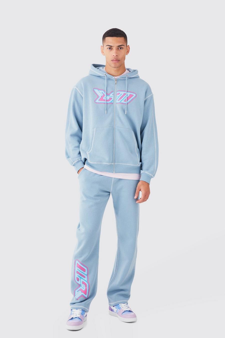 Blue Oversized Contrast Stitch Heat Graphic Tracksuit image number 1