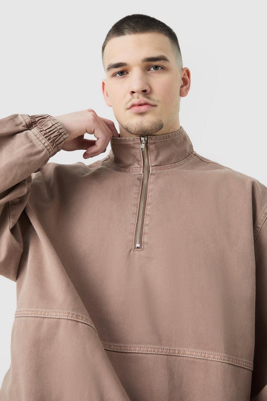 Brown Tall Overdyed Oversized Funnel Neck 1/4 Zip Jacket image number 1