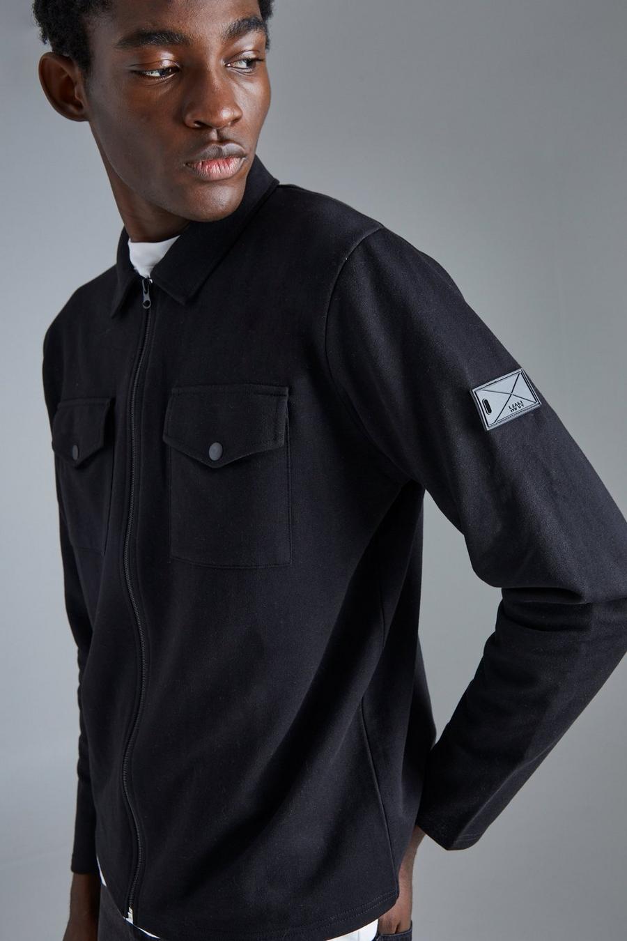 Chaqueta Harrington utilitaria de tela jersey con etiqueta MAN, Black image number 1