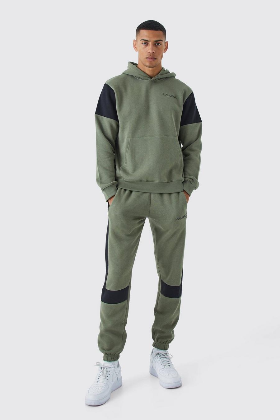 Man Official Colorblock Trainingsanzug mit Kapuze, Olive image number 1