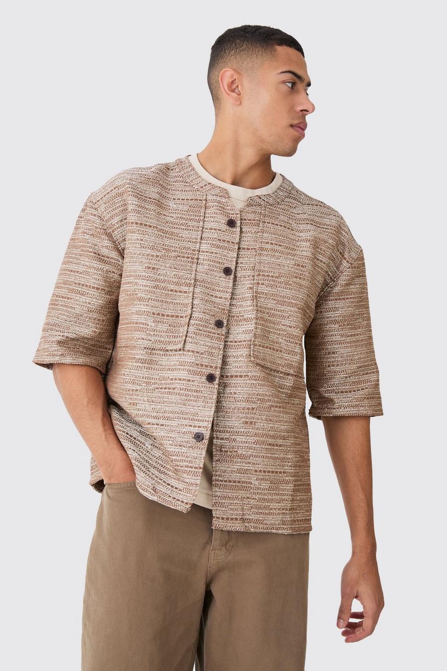 Brown Collarless Drop Shoulder Oversized Boucle Shirt