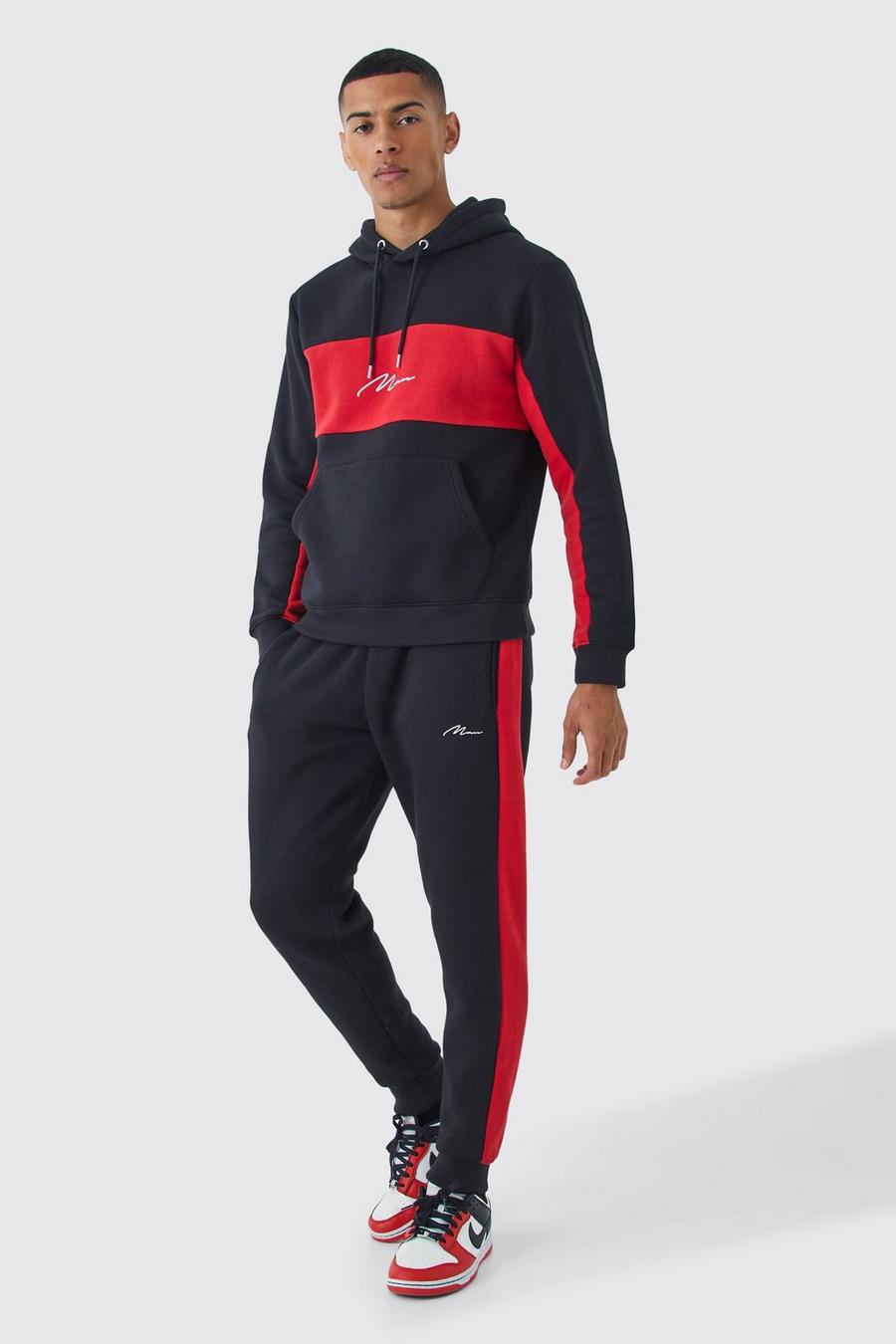 Man Signature Slim-Fit Colorblock Trainingsanzug mit Kapuze, Black