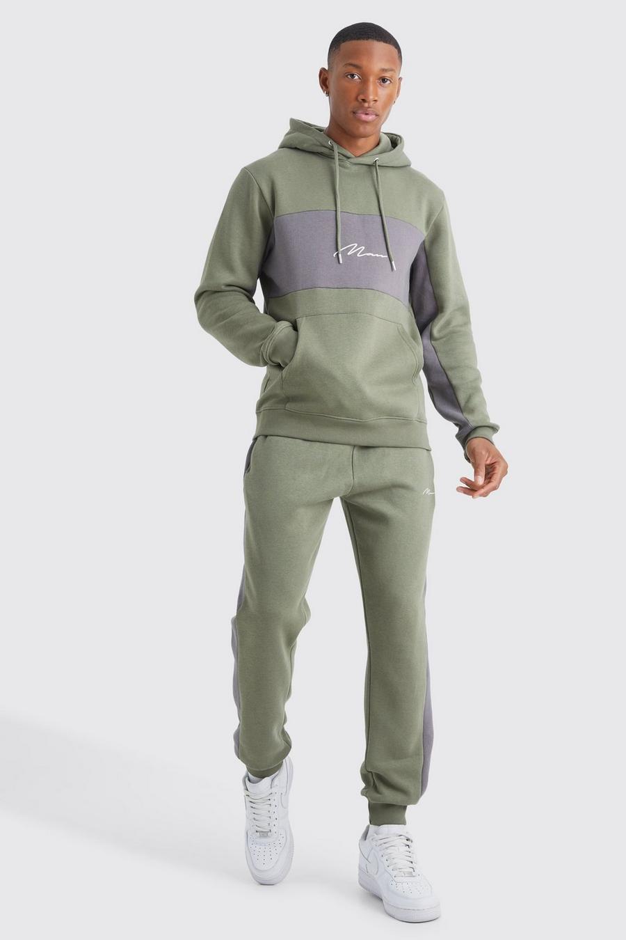 Man Signature Slim-Fit Colorblock Trainingsanzug mit Kapuze, Olive image number 1