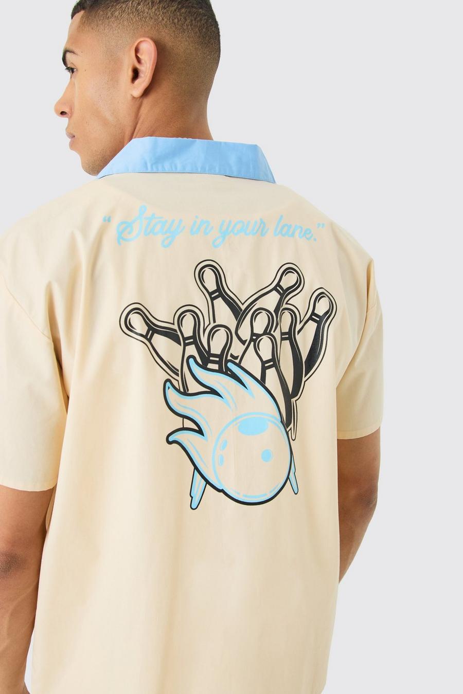 Camicia squadrata a maniche corte in popeline con stampa Bowling sul retro, Ecru image number 1