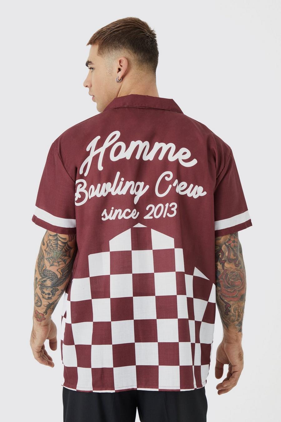 Burgundy Short Sleeve Poplin Oversized Checkerboard Bowling Shirt image number 1