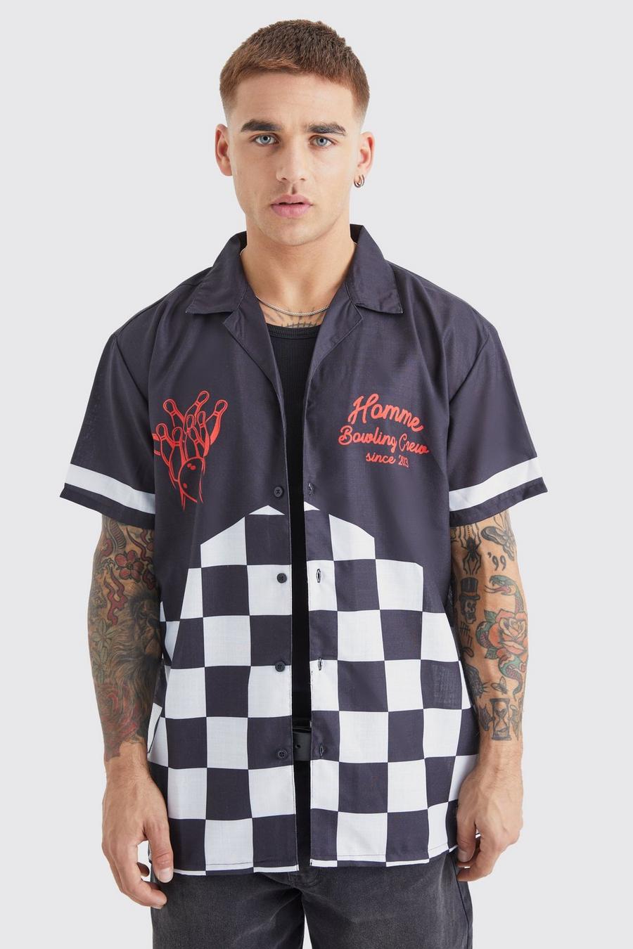 Black Short Sleeve Poplin Oversized Checkerboard Bowling Shirt image number 1