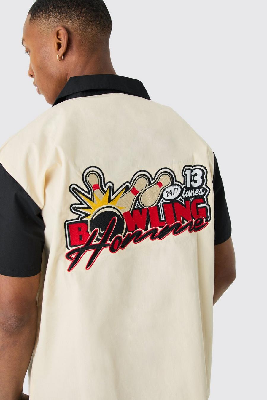 Ecru Short Sleeve Boxy Poplin Bowling Homme Shirt image number 1