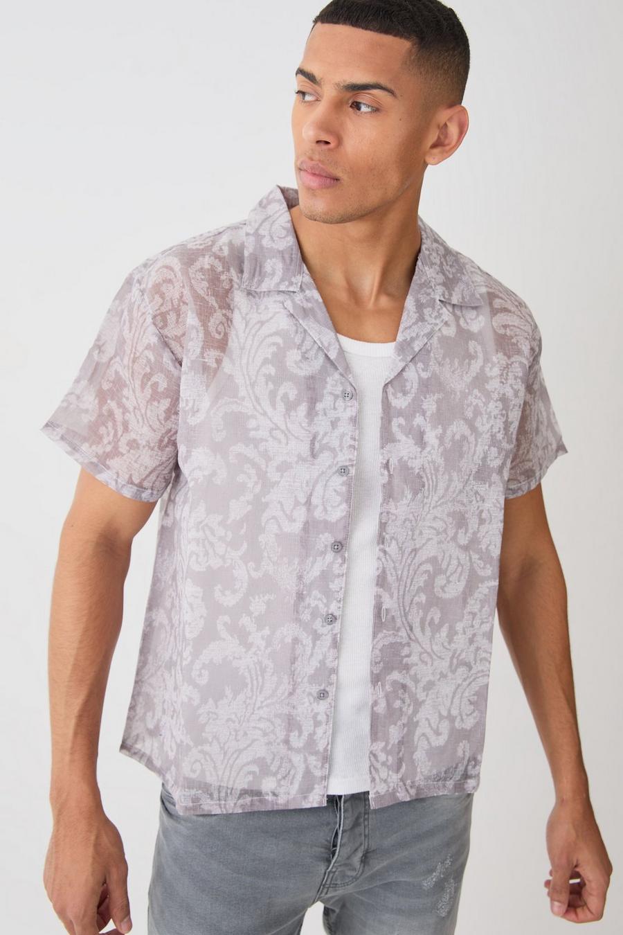 Kurzärmliges kastiges transparentes Hemd mit Barock-Print, Grey