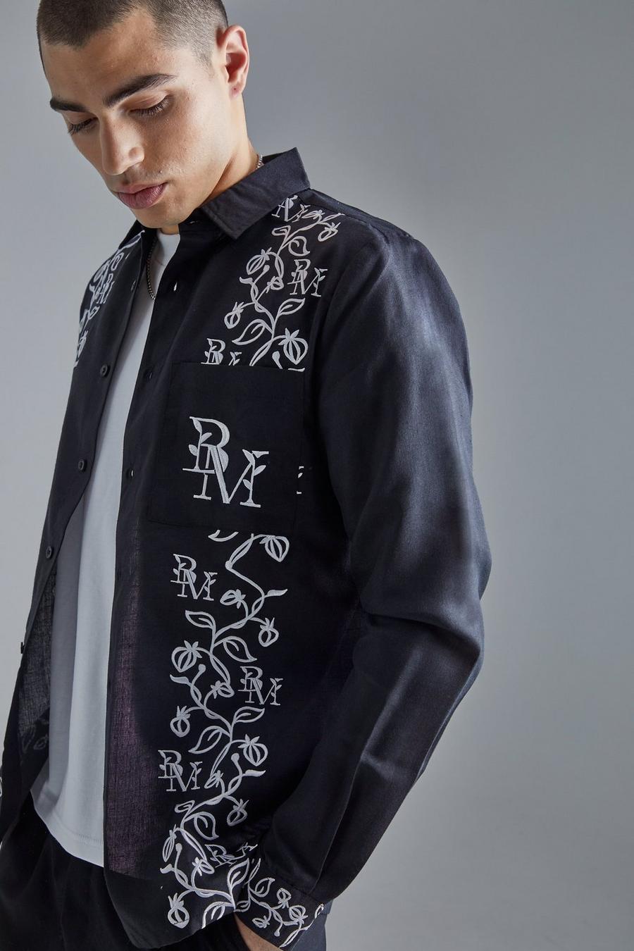 Black Long Sleeve Poplin Vine Embroidery Shirt image number 1