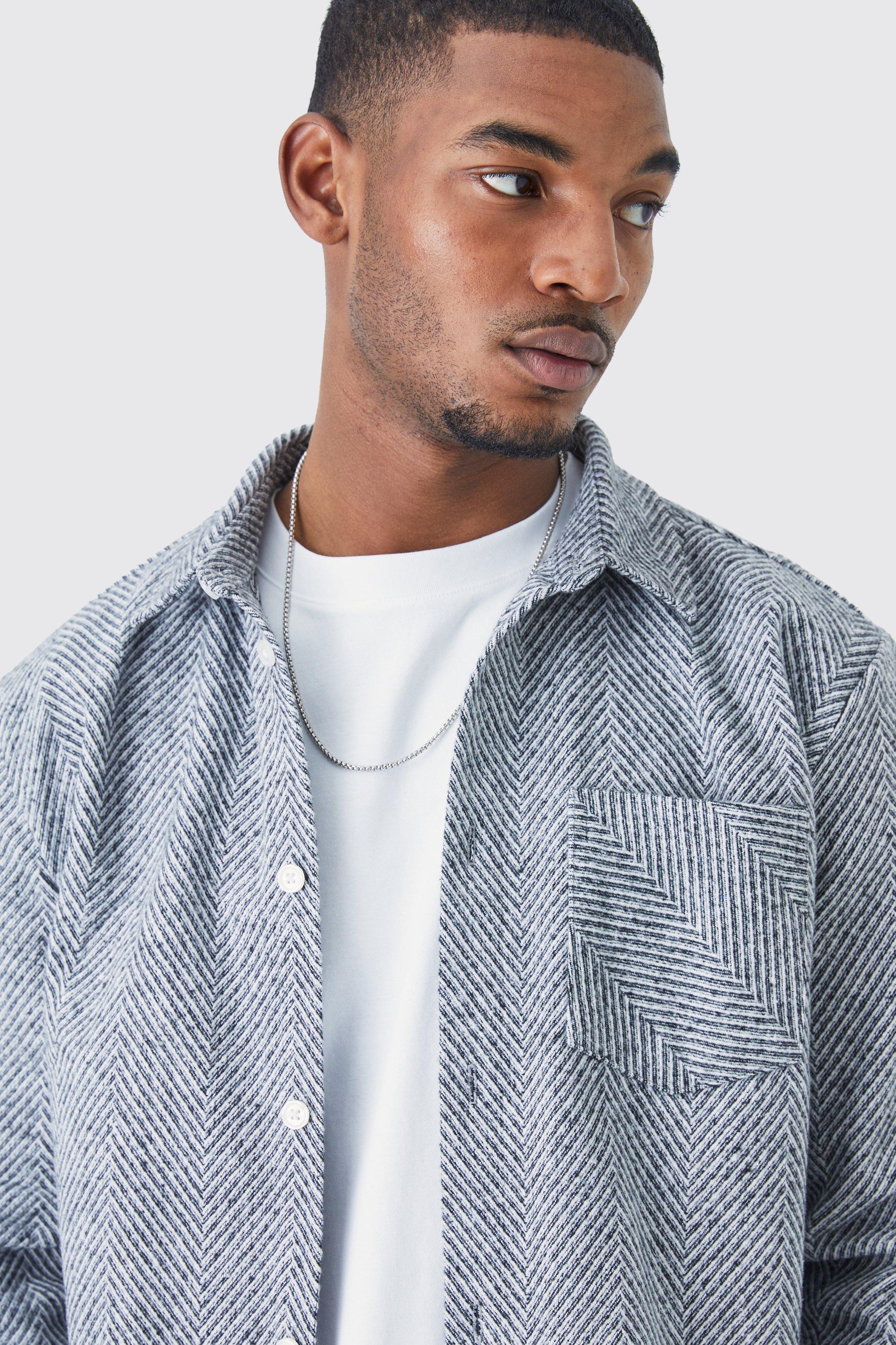 Tall Long Sleeve Textured Herringbone Shirt Jacket boohoo USA