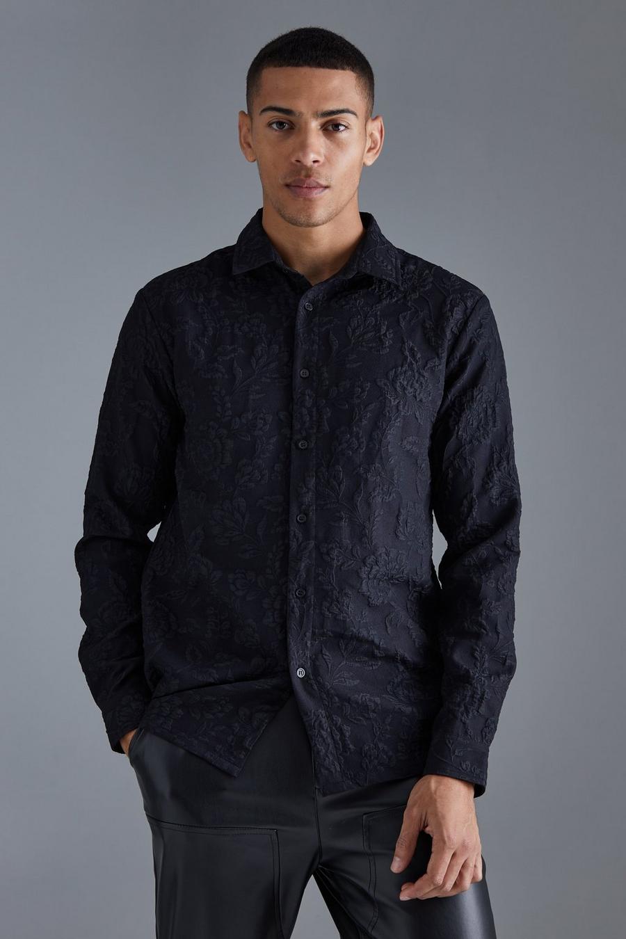 Men's Long Sleeve Floral Textured Shirt | Boohoo UK