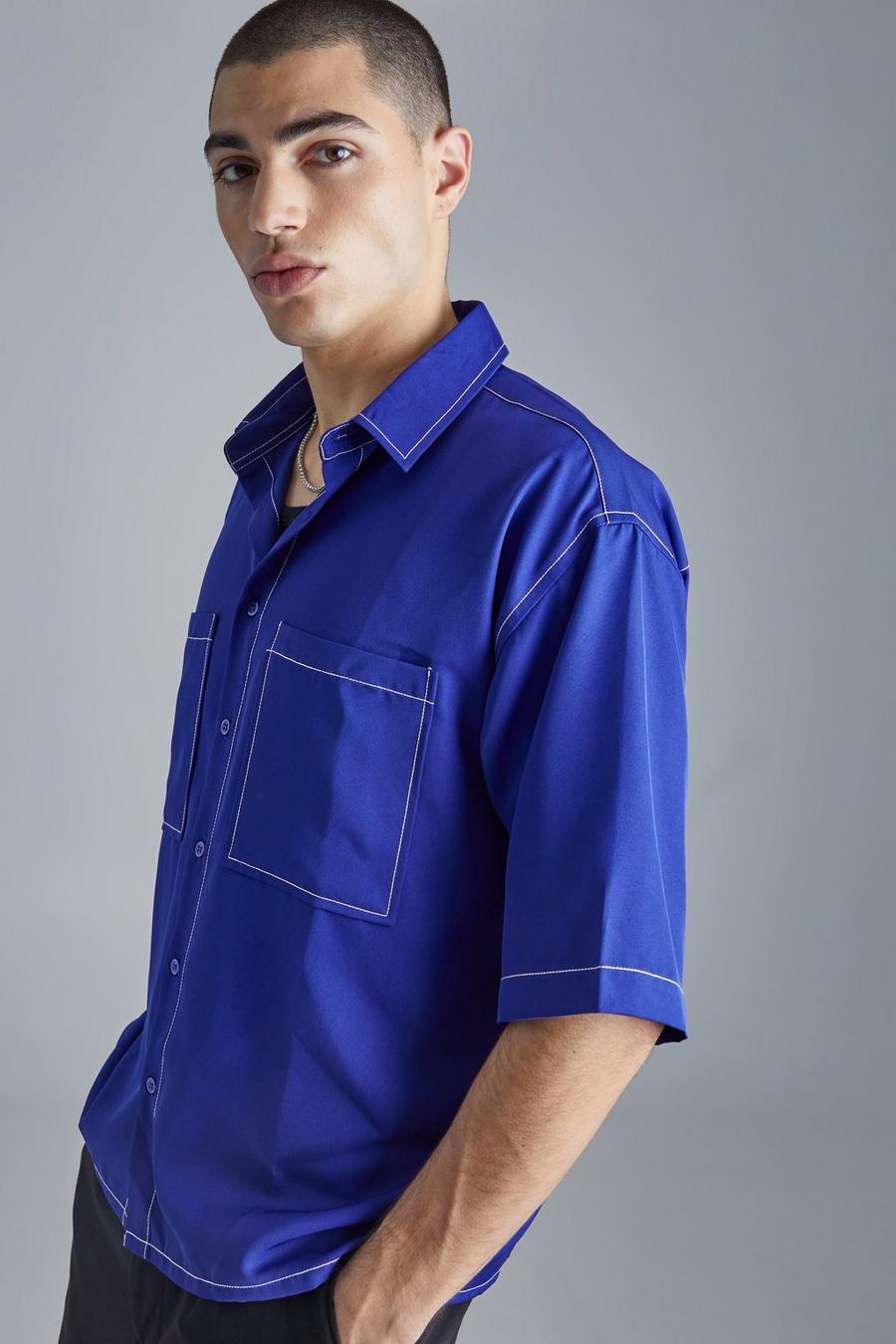 Blue Boxy Dropped Shoulder Soft Twill Shirt image number 1