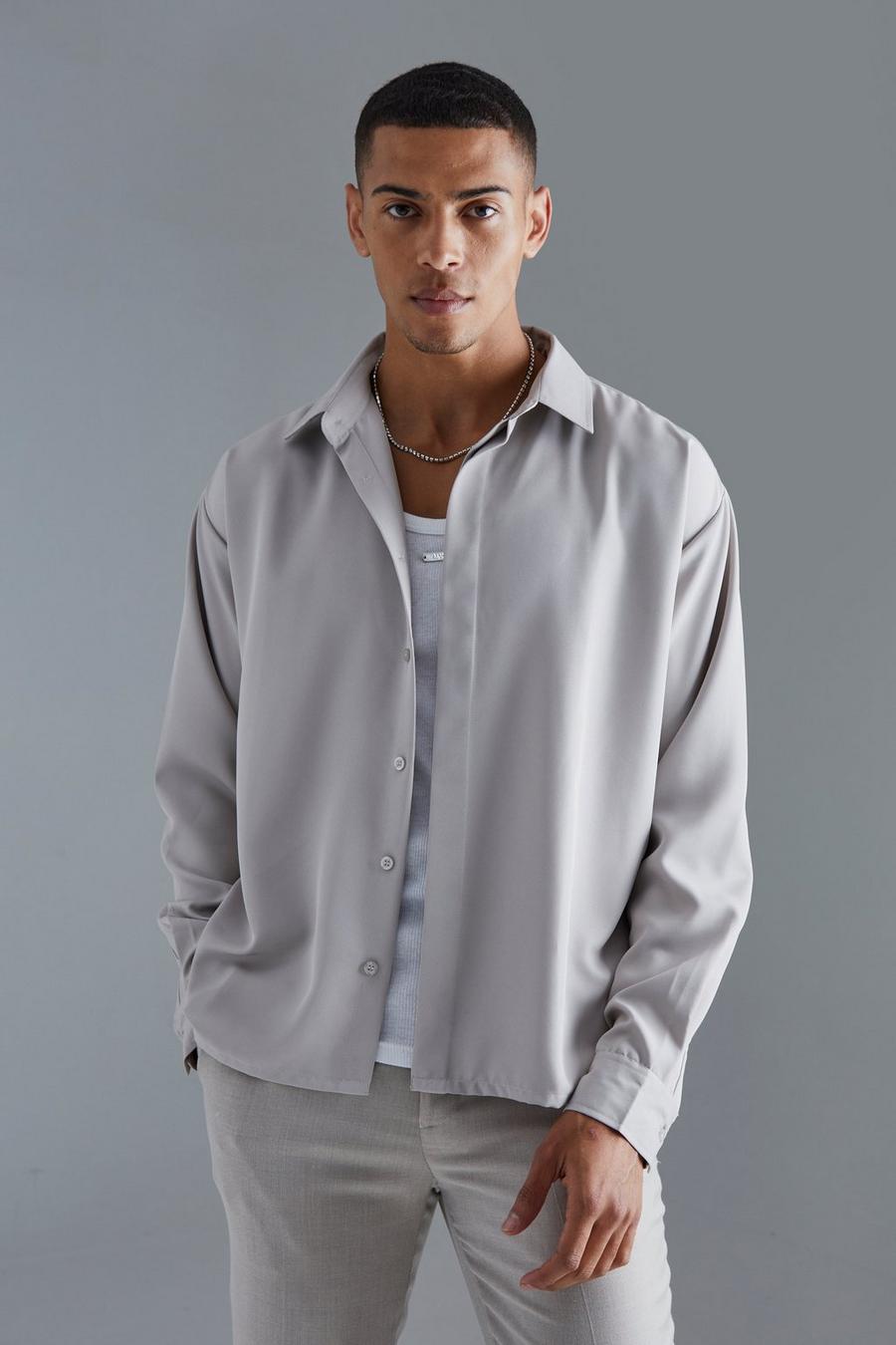 Grey Zacht Boxy Keperstof Overhemd Met Verborgen Plakaat