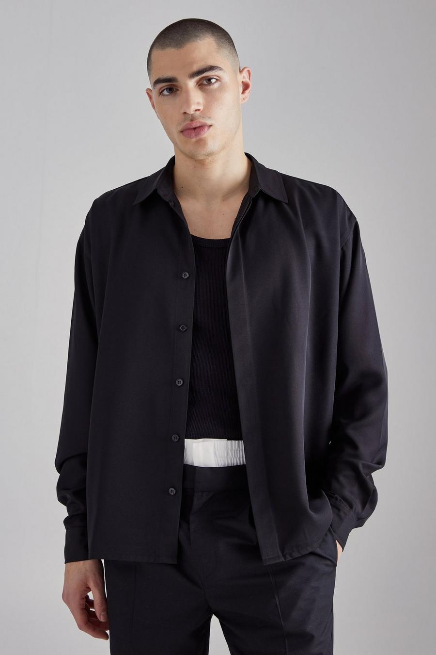 Camicia squadrata in twill morbido con falsatura, Black image number 1