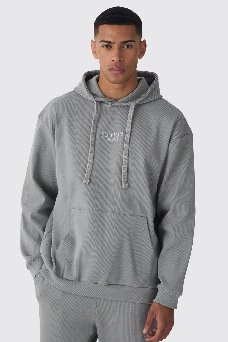 Grey EDITION Oversize ribbad hoodie i tjockt tyg image number 1