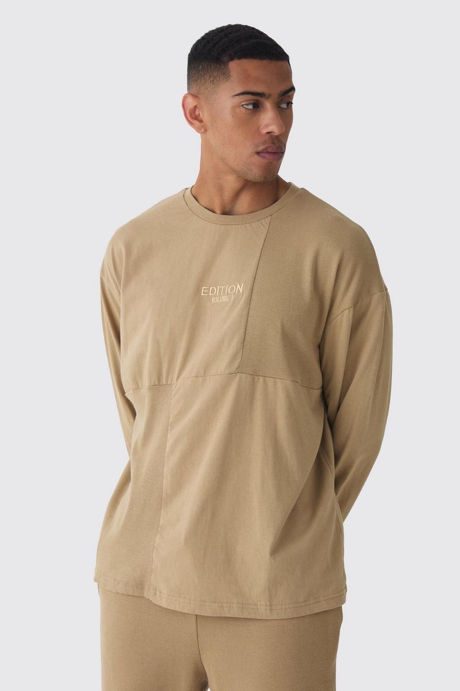 Taupe EDITION Ribbad t-shirt i tjockt tyg med paneler image number 1