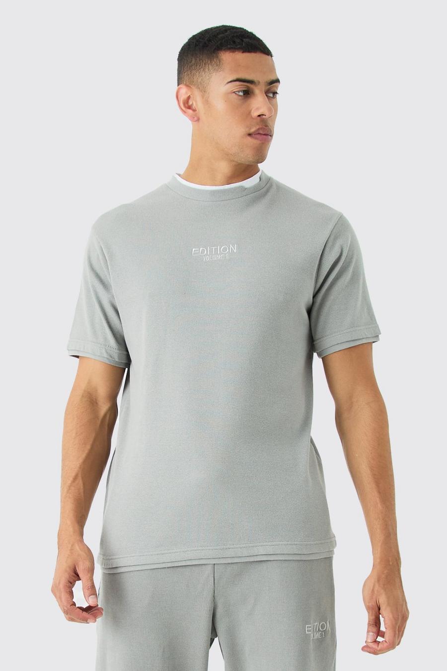 Camiseta de canalé grueso con capa falsa y estampado de EDITION, Grey image number 1