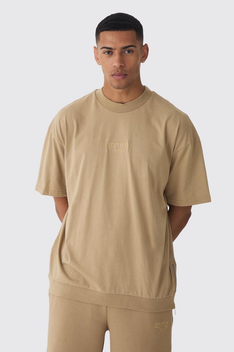 Taupe Oversized Dik T-Shirt Met Zoom Rits