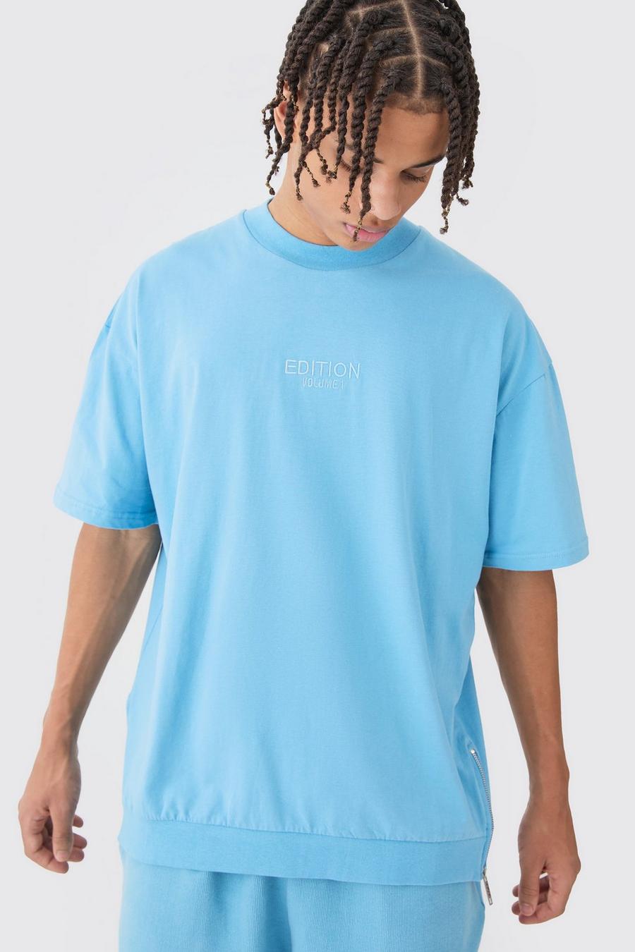 Camiseta oversize gruesa con cremallera en el bajo y estampado de EDITION, Blue image number 1